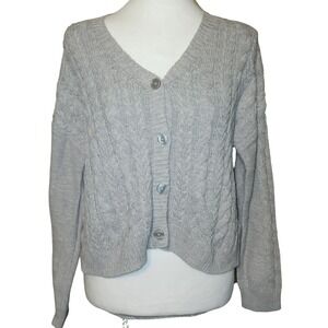 Aeropostale Gray Cable Knit Button Front V Neck Cropped Cardigan Sweater XS
